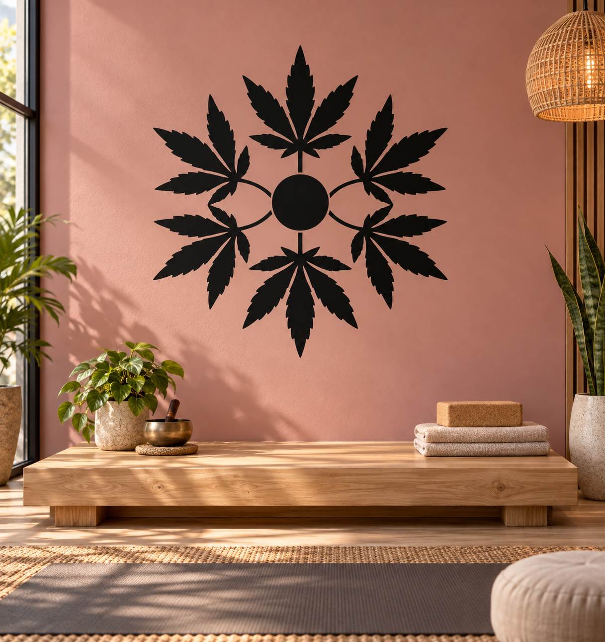 Black botanical mandala vinyl decal with leaf burst pattern and central circle
