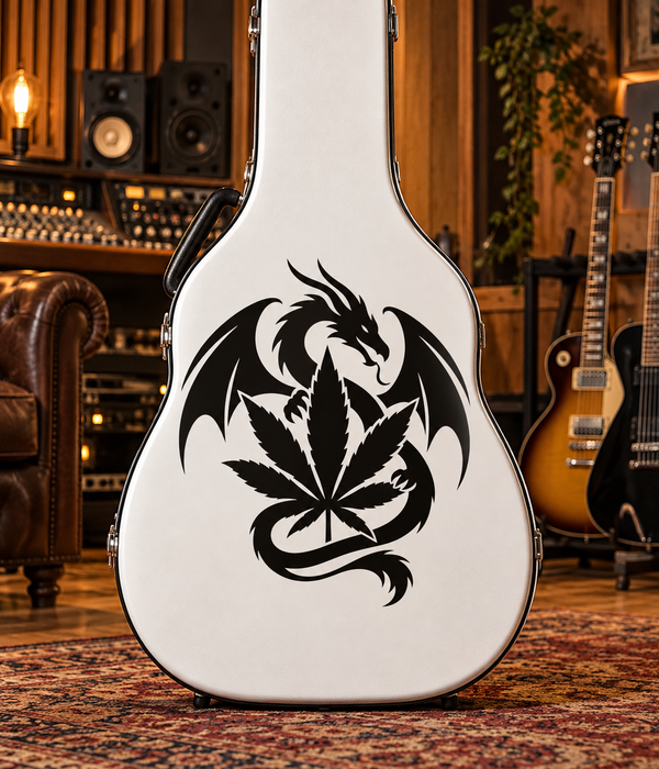 Cannabis dragon vinyl decal with black cannabis-leaf emblem on light background