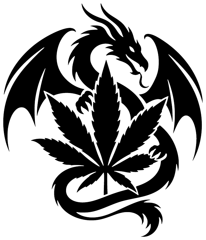 Black dragon and cannabis leaf vinyl decal emblem with white highlights