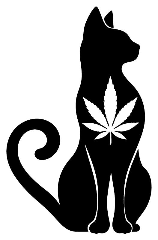 Cannabis cat vinyl decal: black cat with central cannabis leaf and curving tail