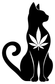 Cannabis cat vinyl decal: black cat with central cannabis leaf and curving tail