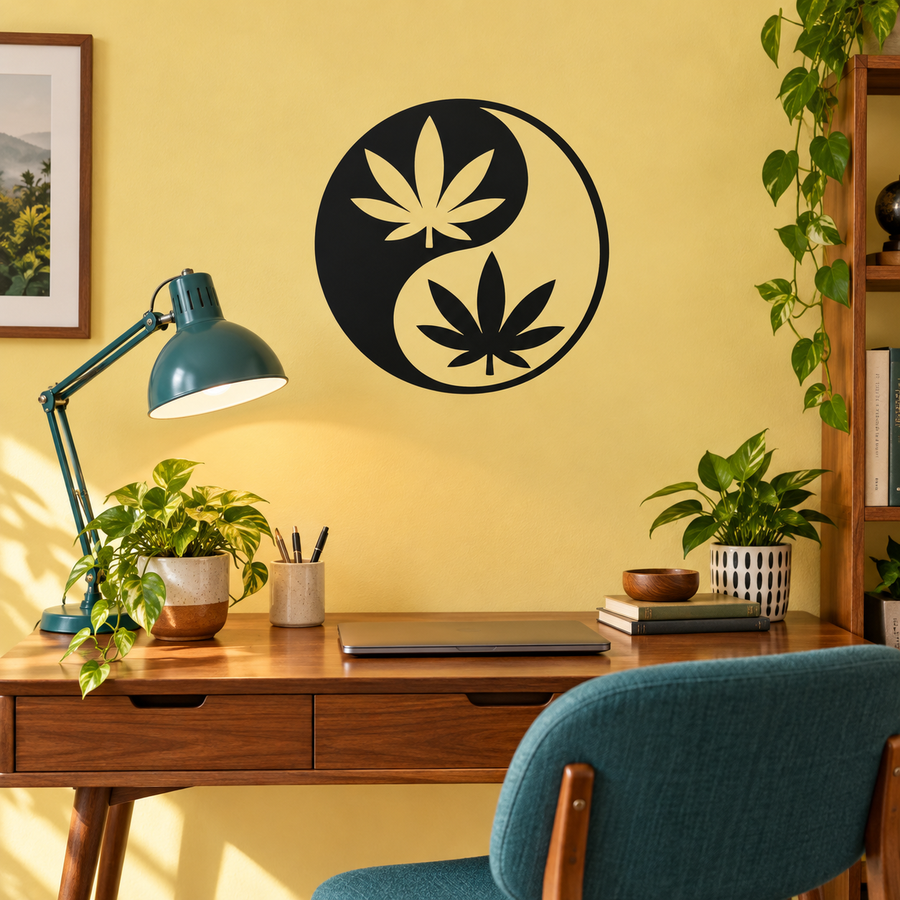 Leaf yin-yang vinyl wall decal, black with light leaf icons in a circular design