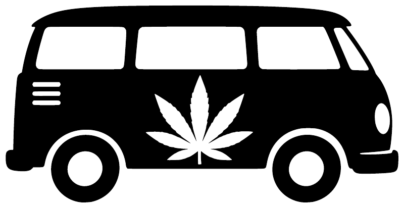 Vinyl decal of black van silhouette with white cannabis leaf and circular accents