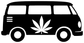 Vinyl decal of black van silhouette with white cannabis leaf and circular accents