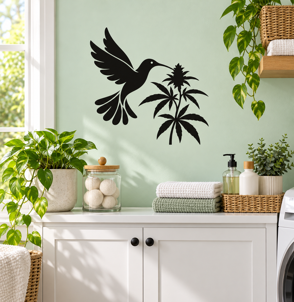 Black hummingbird vinyl decal with cannabis leaf and flower silhouettes
