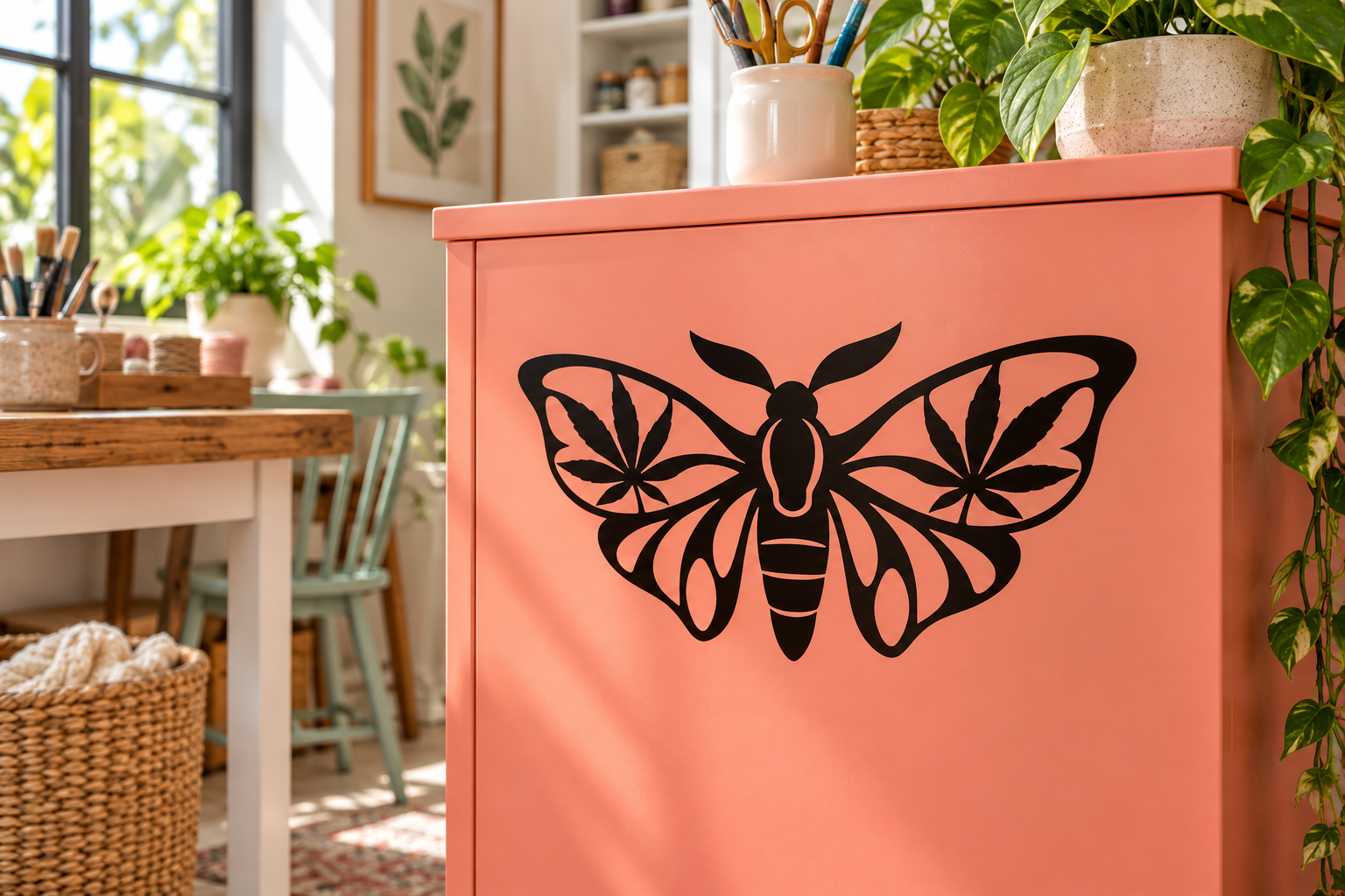 Cannabis moth vinyl decal, black silhouette on peach surface
