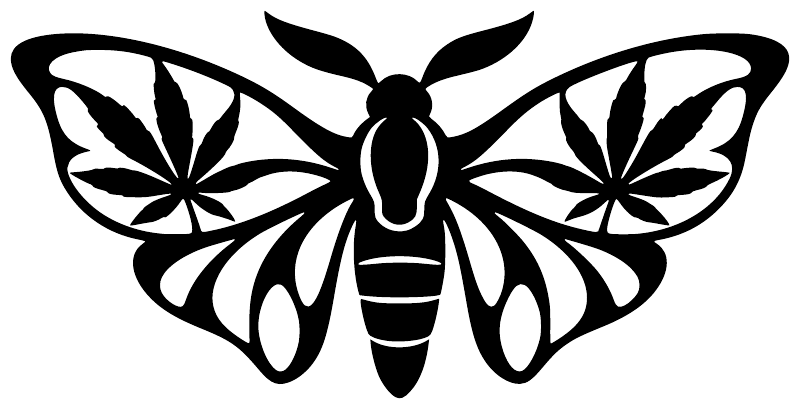 Black cannabis moth vinyl decal with leaf-like wings, centered on white