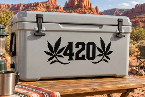 Black vinyl 420 decal with cannabis leaves for cooler or outdoor gear