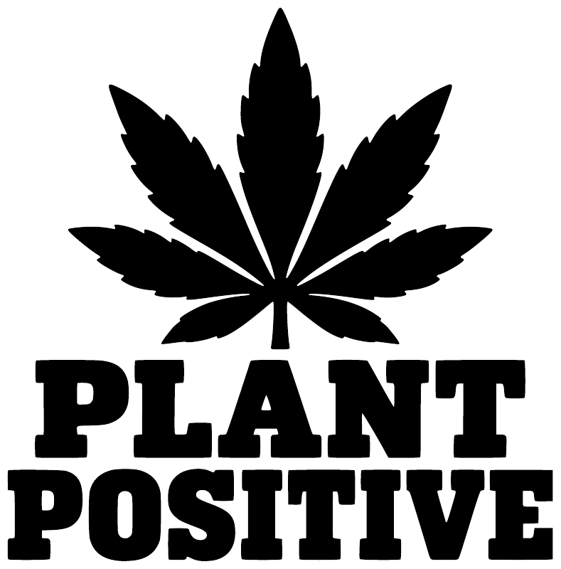 Vinyl decal closeup: black cannabis leaf with large "PLANT POSITIVE" lettering