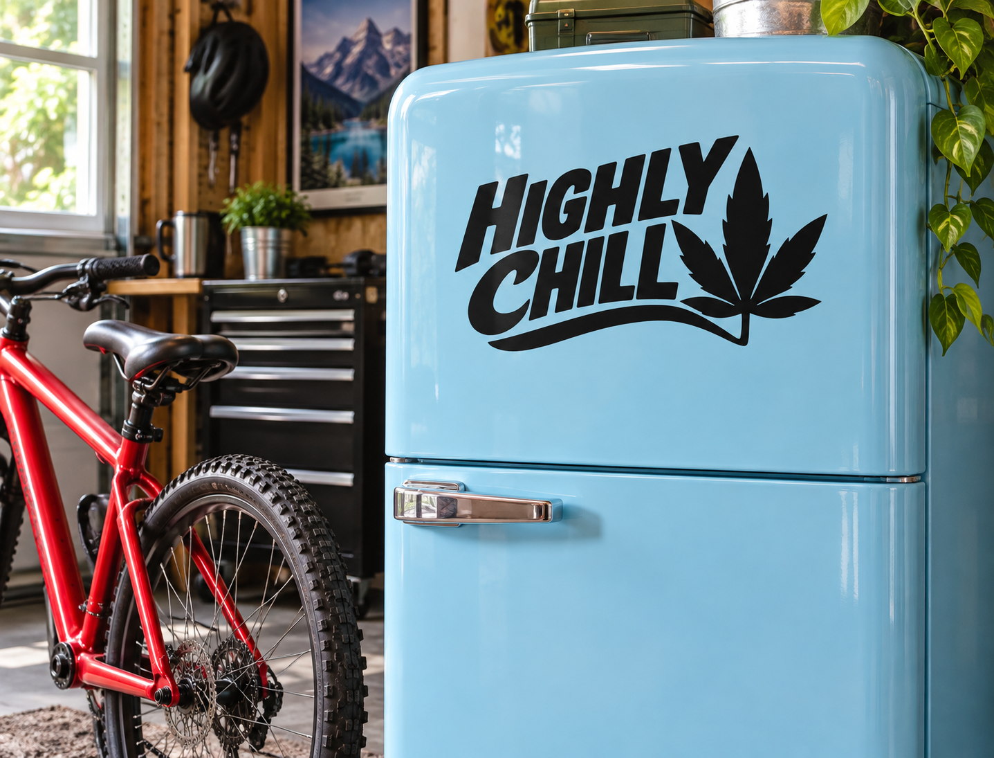 Black vinyl decal reading “HIGHLY CHILL” with cannabis leaf silhouette