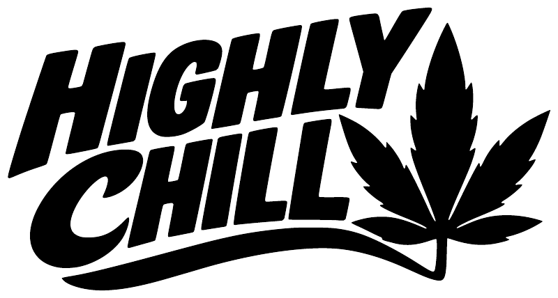 Black “HIGHLY CHILL” vinyl decal with cannabis leaf silhouette, die-cut