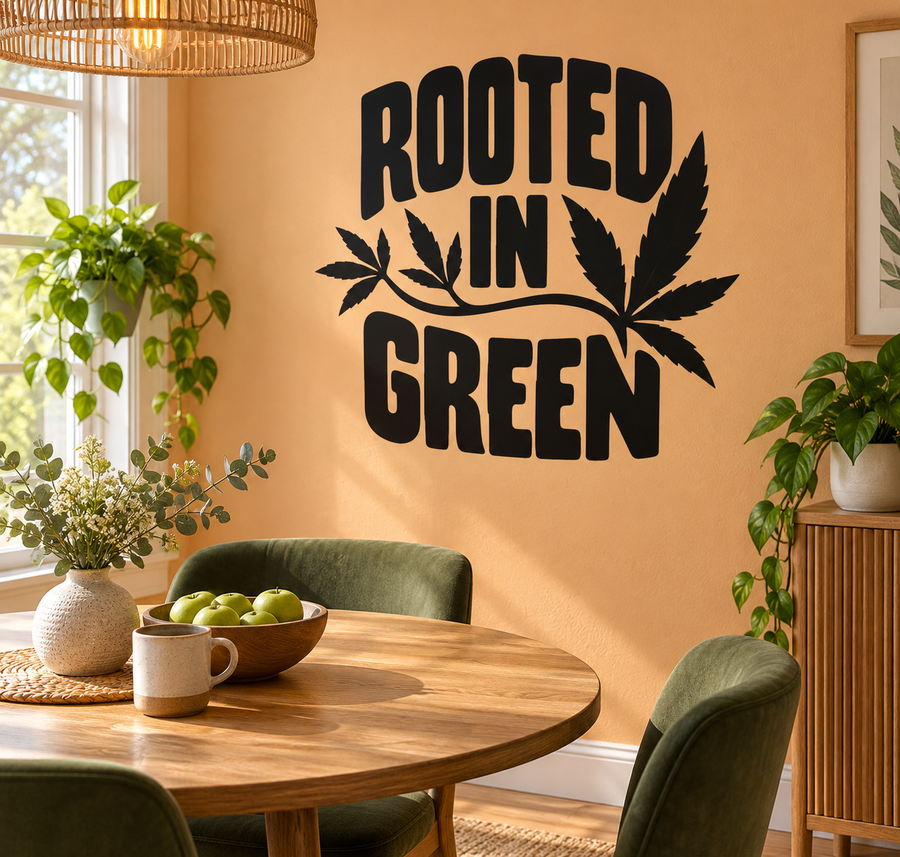 Black vinyl wall decal reading "ROOTED IN GREEN" with cannabis leaf silhouettes