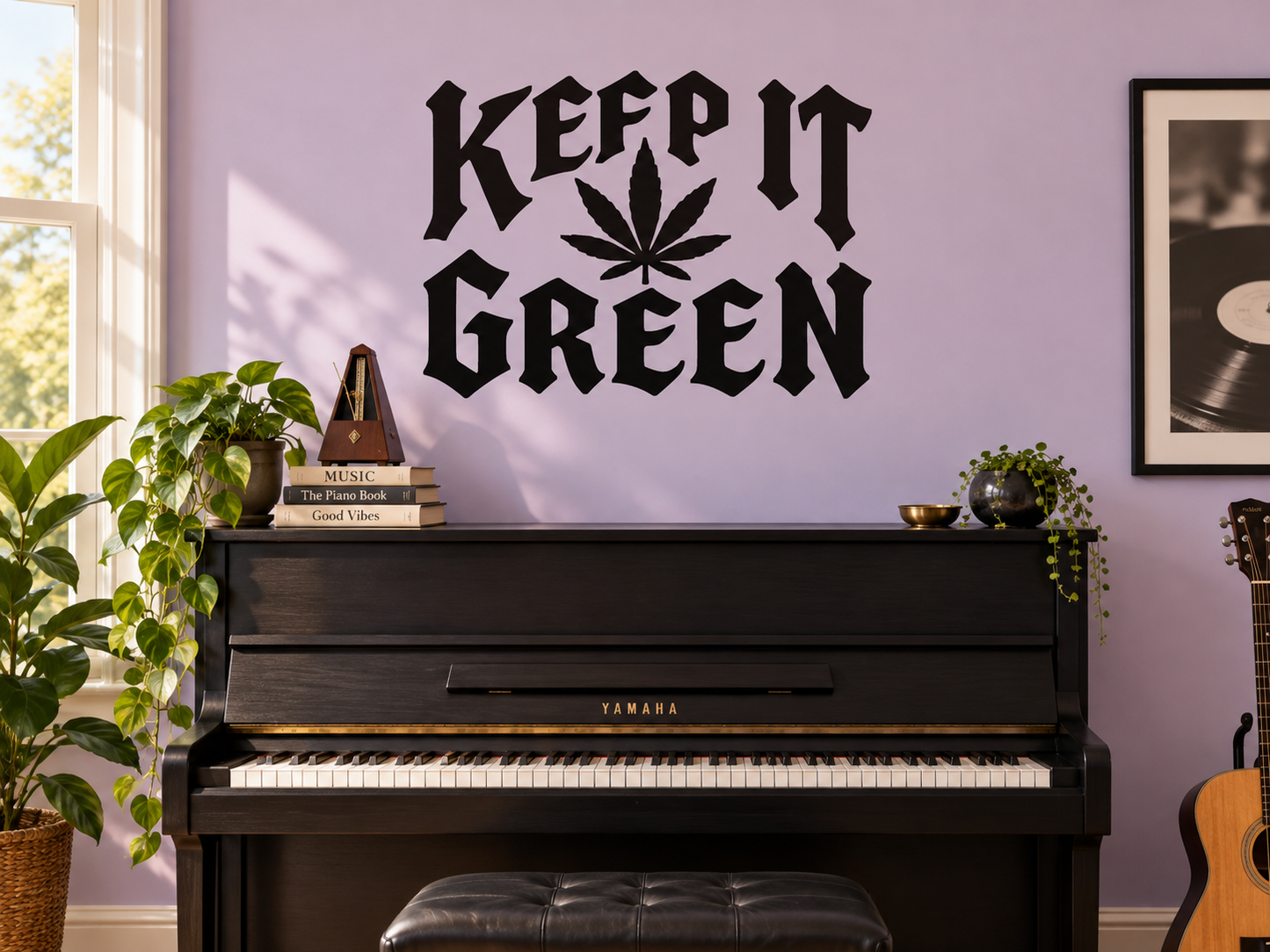 Keep It Green vinyl wall decal with stylized lettering and cannabis leaf graphic
