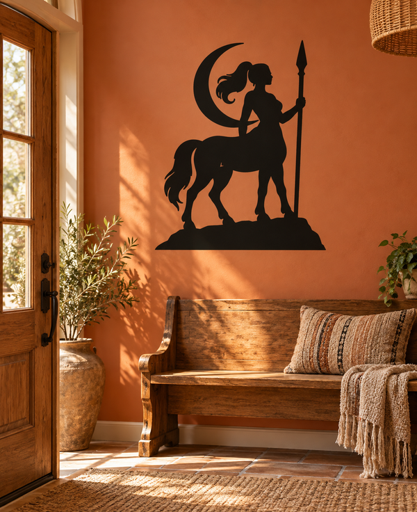 Moonlit Sentinel vinyl decal of a centaur with a sword and crescent moon silhouette