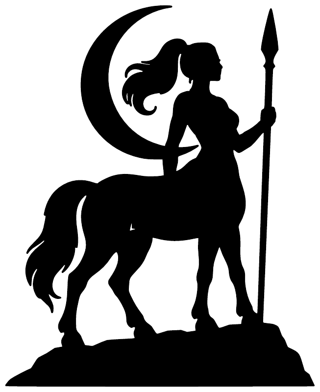 Black Moonlit Sentinel vinyl decal featuring a woman on a centaur under a crescent moon