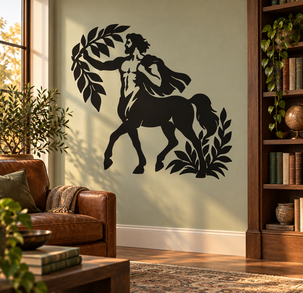 Black centaur with leaf vine vinyl decal silhouette on wall