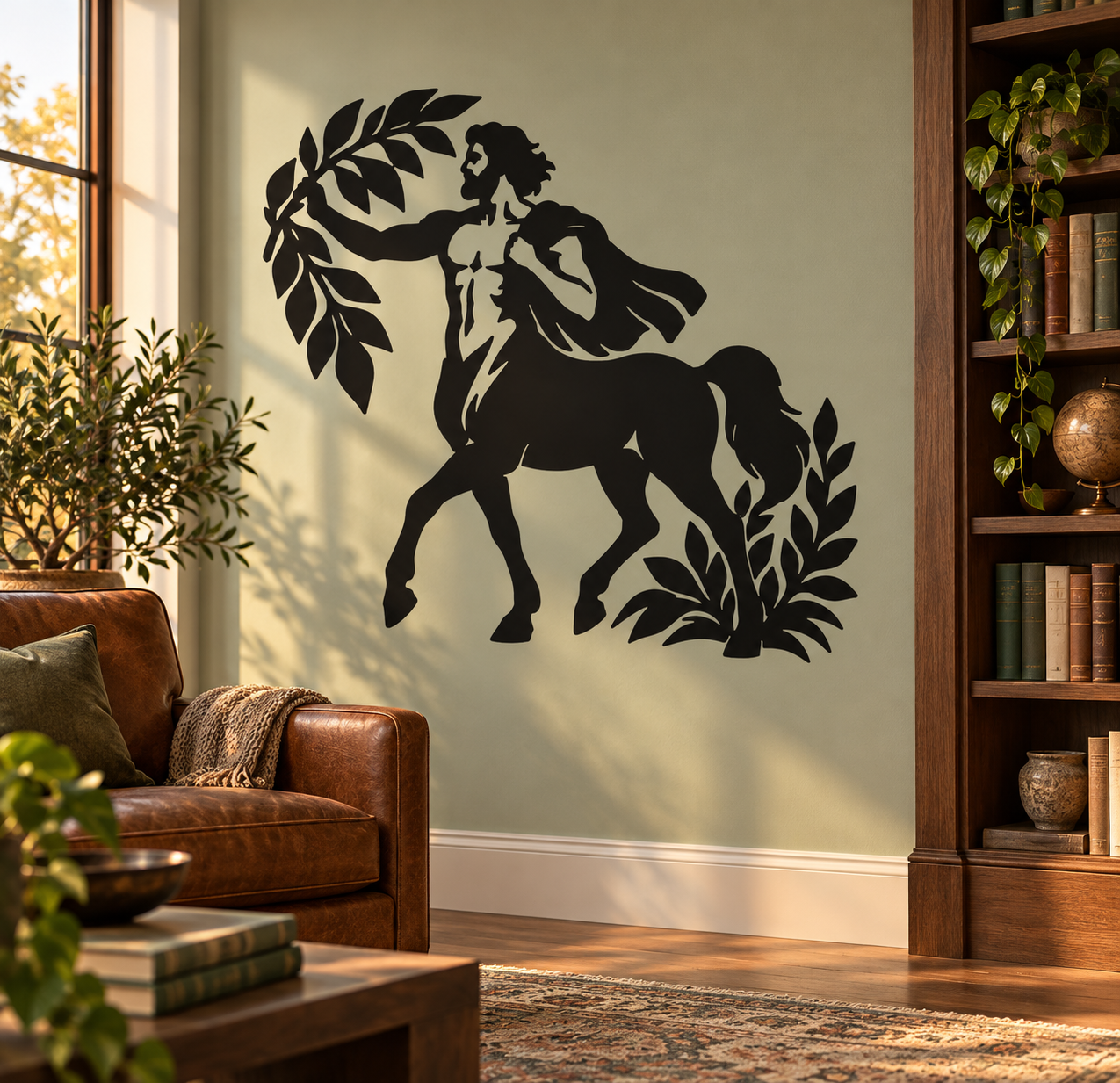Black centaur with leaf vine vinyl decal silhouette on wall