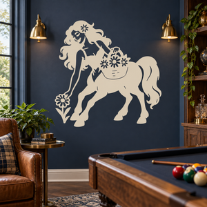 Wildflower gatherer centaur vinyl decal, beige silhouette of flower-carrying woman on horse