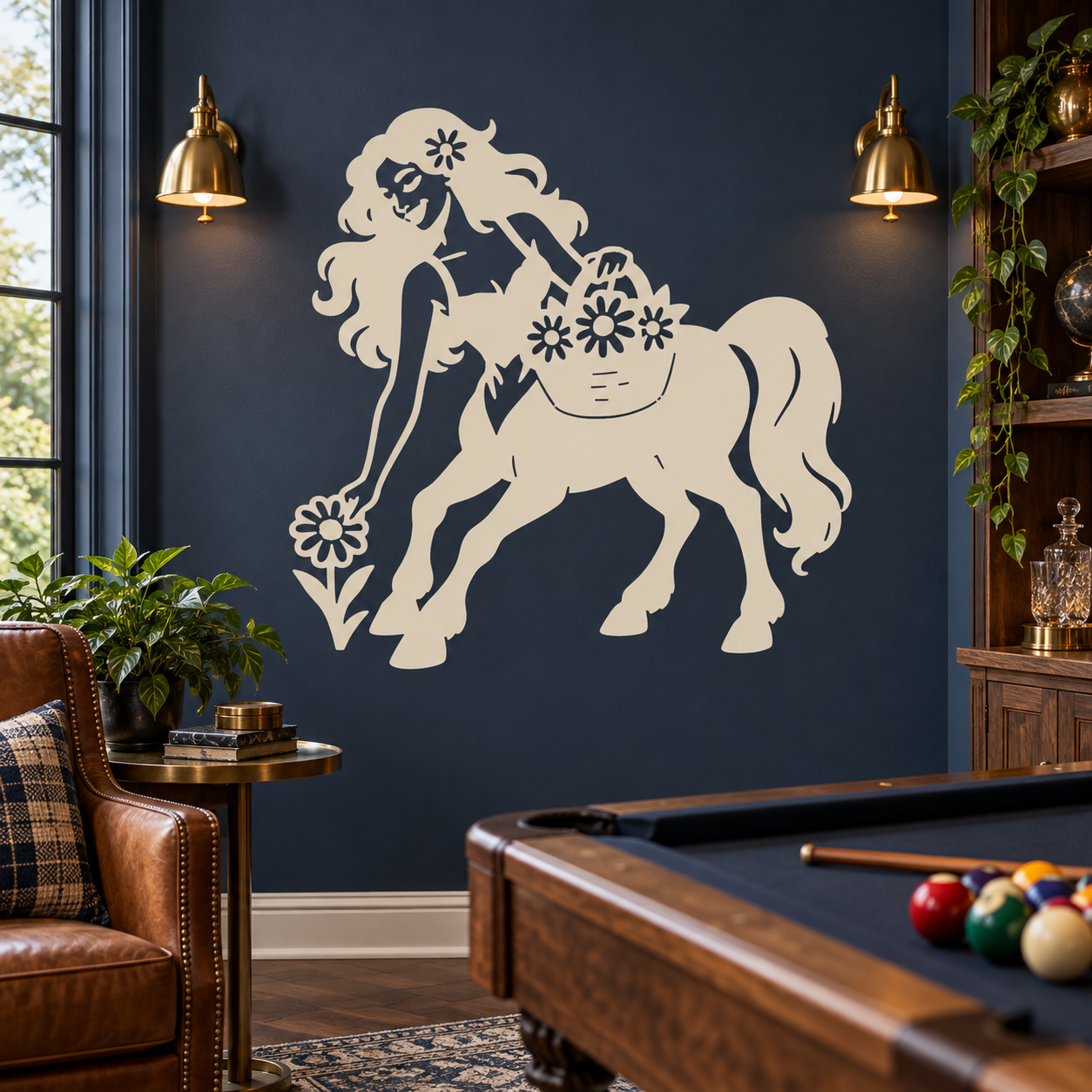 Wildflower gatherer centaur vinyl decal, beige silhouette of flower-carrying woman on horse
