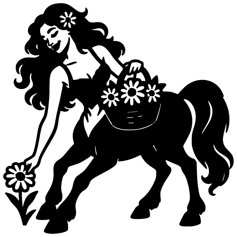 Wildflower gatherer centaur vinyl decal, black silhouette of woman holding flowers on centaur