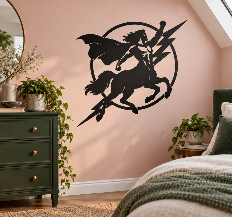 Centaur vinyl decal with storm clouds, lightning bolts, and a winged horse silhouette