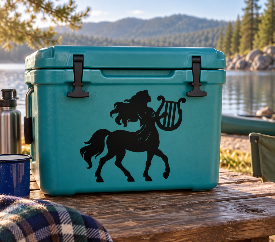 Black centaur playing a musical instrument vinyl decal on teal cooler lid