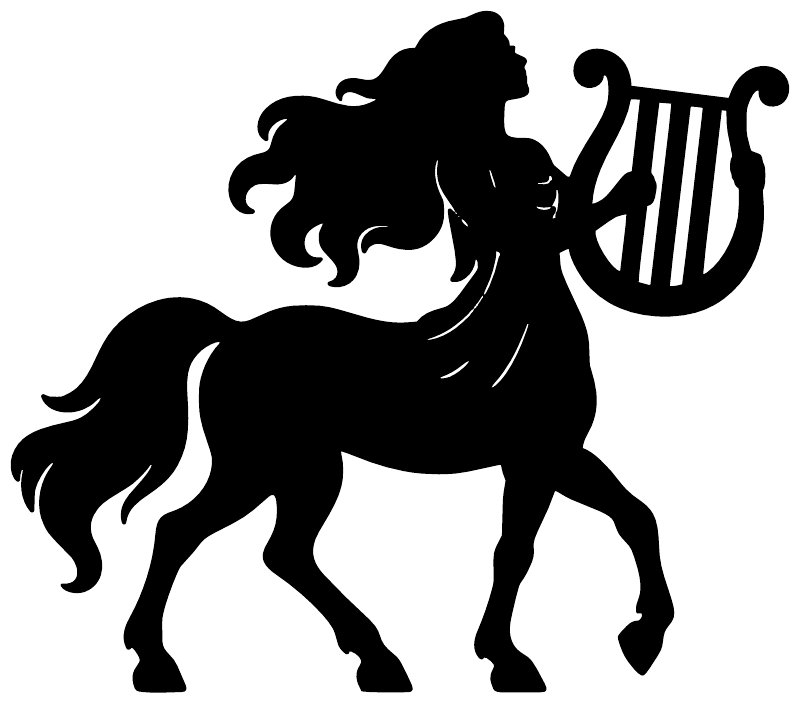 Black centaur musician vinyl decal silhouette with harp-like instrument