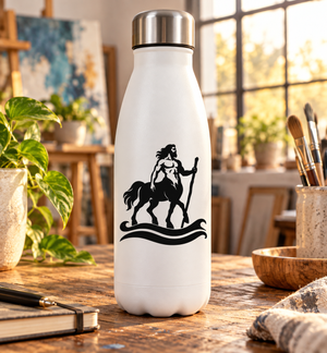 River-themed centaur riding horse vinyl decal on a white tumbler bottle