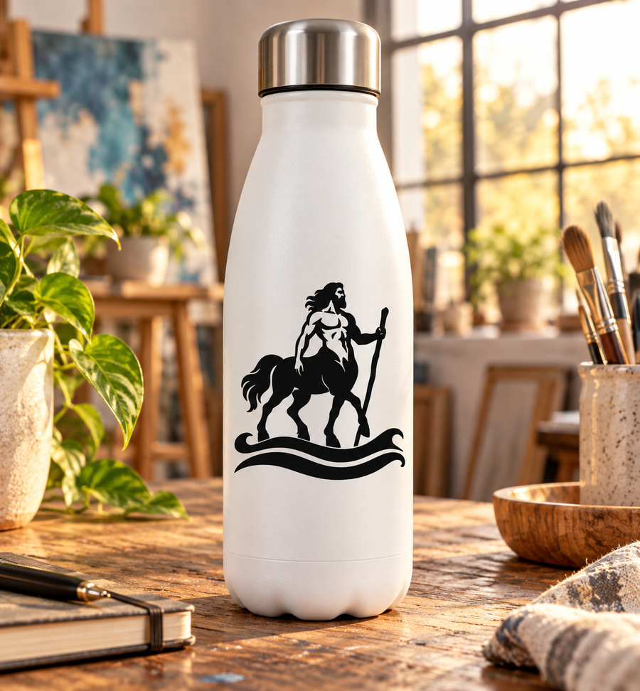 River-themed centaur riding horse vinyl decal on a white tumbler bottle