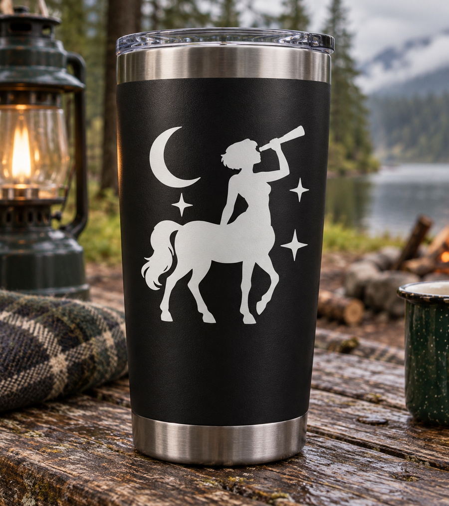 White centaur vinyl decal with crescent moon, sword, and stars on dark background