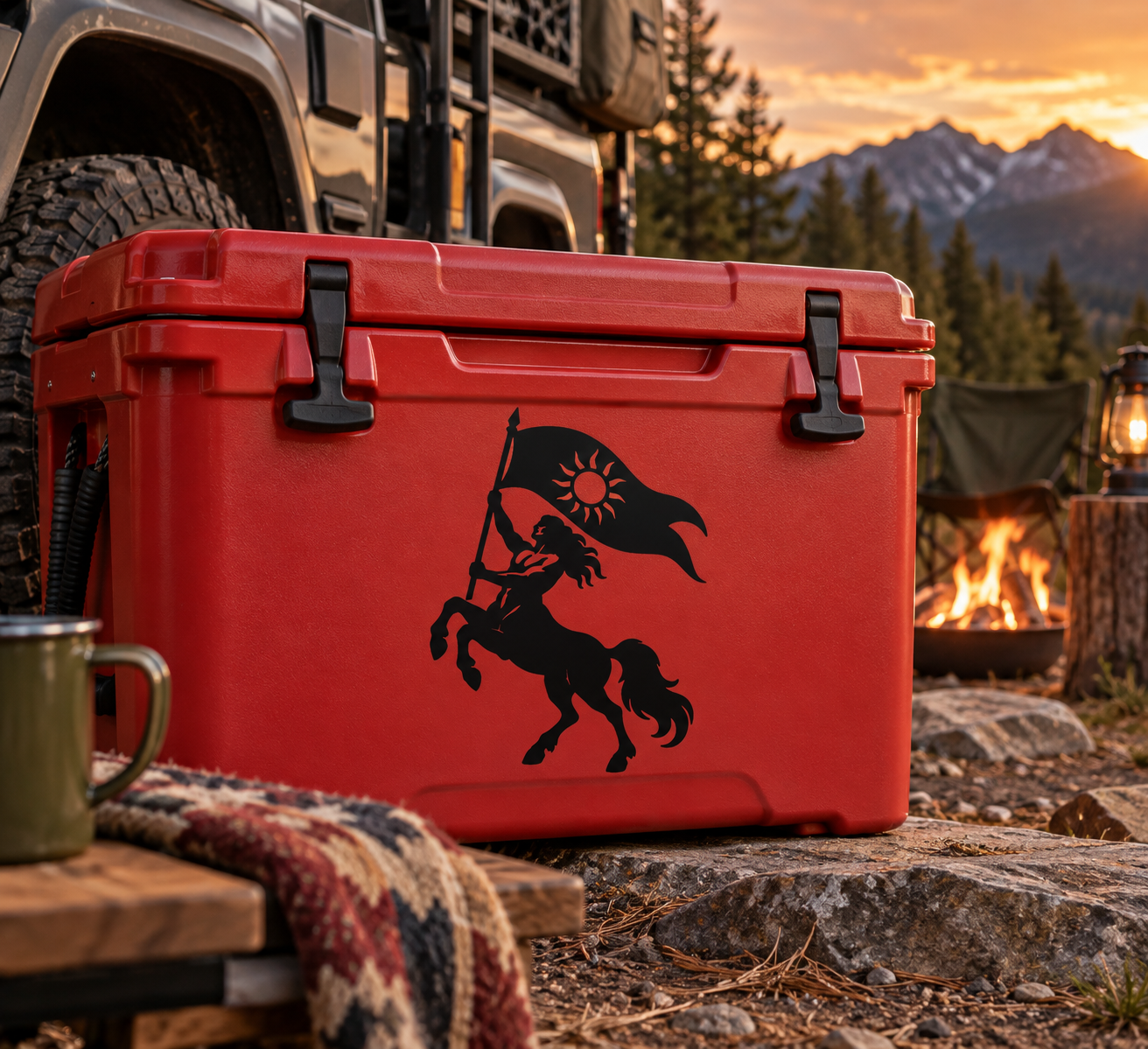Red cooler with black centaur vinyl decal holding a flag with sun emblem