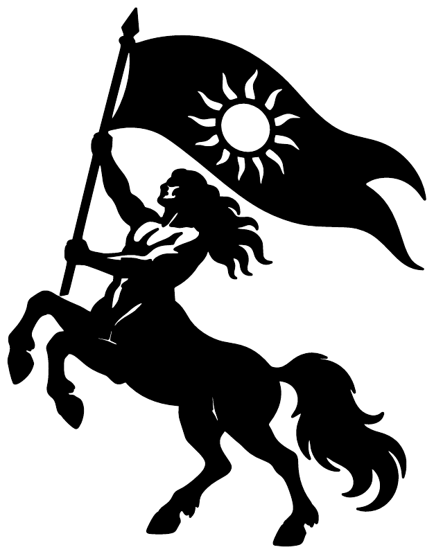 Black centaur vinyl decal silhouette with sun emblem and waving flag