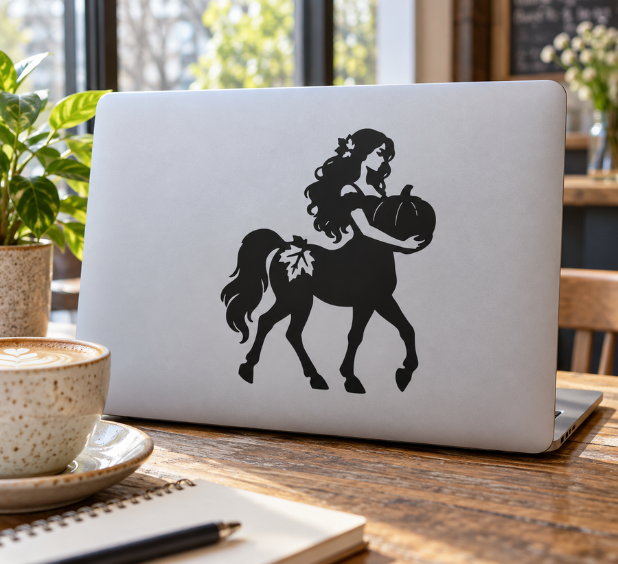 Vinyl decal with black centaur holding a heart shape, on laptop lid