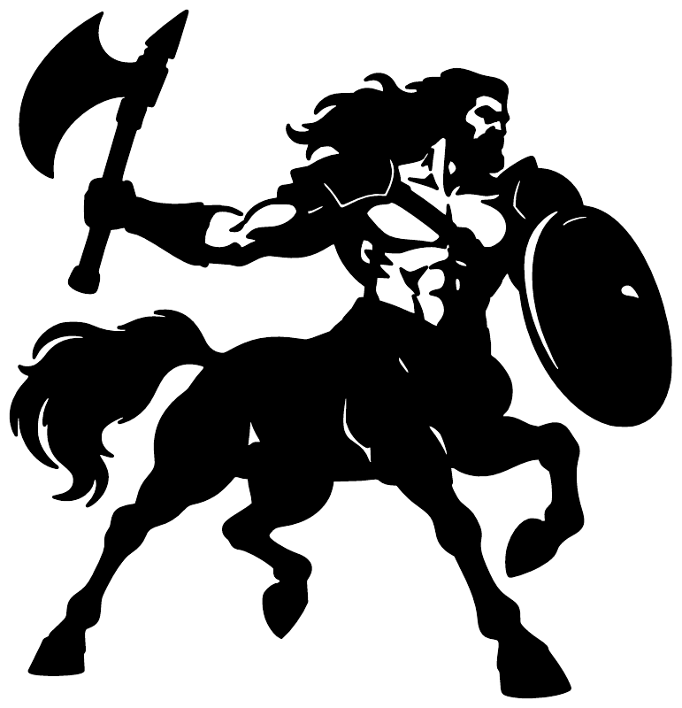 Black centaur warrior silhouette vinyl decal with spear, shield, and rider