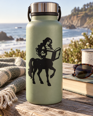 Black vinyl decal silhouette of a centaur with a rider reading an open book on bottle