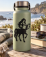 Black vinyl decal silhouette of a centaur with a rider reading an open book on bottle