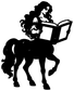 Black vinyl decal silhouette of a centaur rider reading an open book