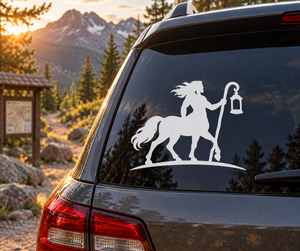 Car window vinyl decal of a white centaur holding a lantern