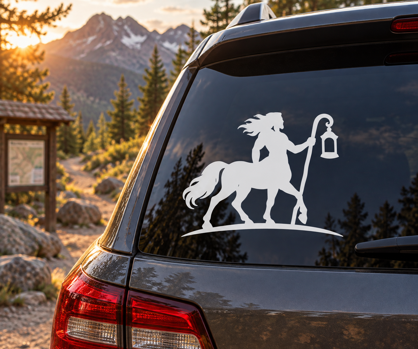 Car window vinyl decal of a white centaur holding a lantern