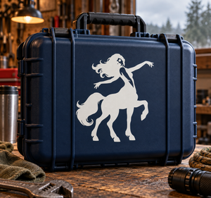 Vinyl decal featuring a white centaur dancer silhouette on navy background