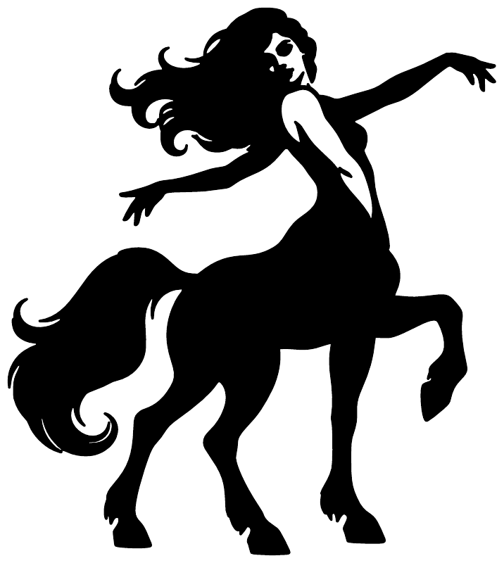 Vinyl decal of a black-and-white centaur dancer silhouette with flowing hair