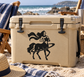 Black centaur rider vinyl decal on beige cooler, shield-and-triangle emblem