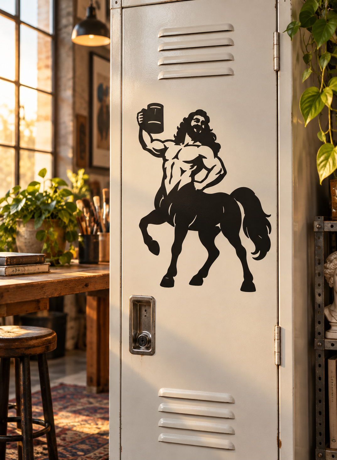 Centaur vinyl door decal showing a bearded rider lifting a drink mug