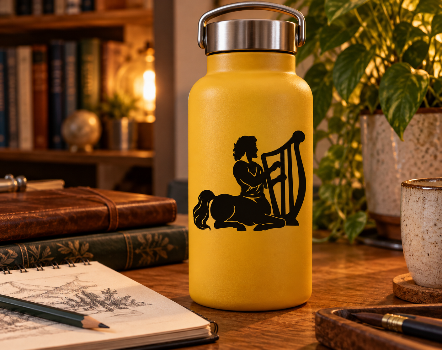 Black vinyl decal silhouette of a centaur playing a harp on a curved surface