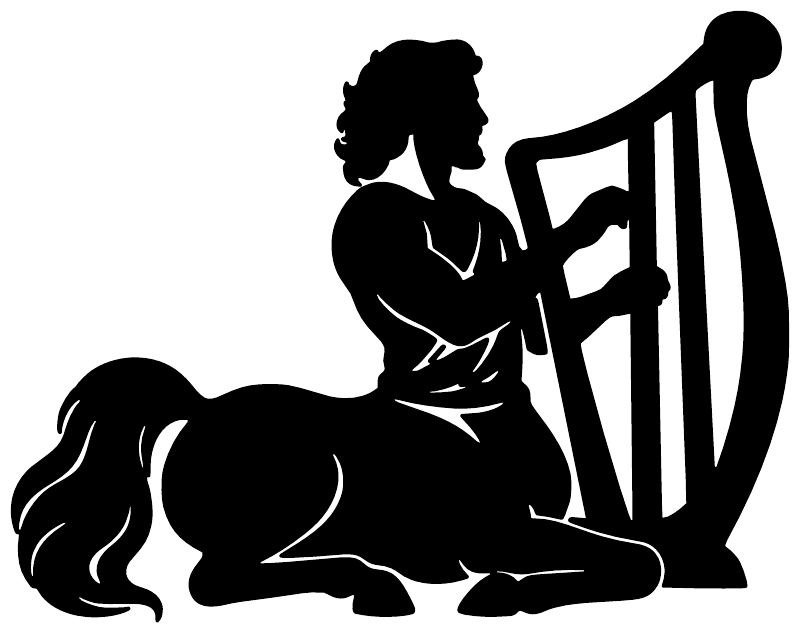 Black vinyl decal of a centaur kneeling and playing a harp, bold cutout silhouette