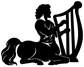Black vinyl decal of a centaur kneeling and playing a harp, bold cutout silhouette