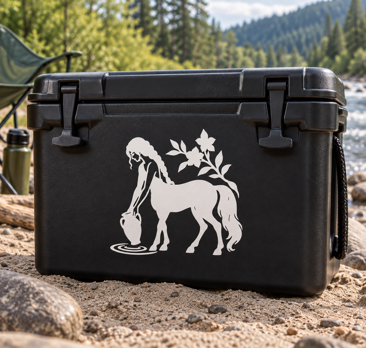 Centaur vinyl decal: white centaur silhouette with floral sprigs