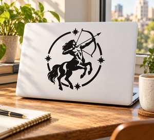 Black Sagittarius centaur bow vinyl decal with star accents in a circular design