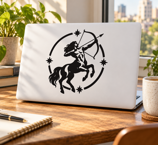 Black Sagittarius centaur bow vinyl decal with star accents in a circular design