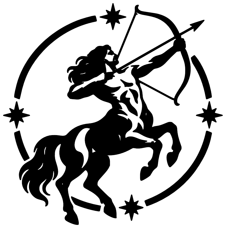 Black Sagittarius centaur drawing bow vinyl decal, star shapes around a circular ring